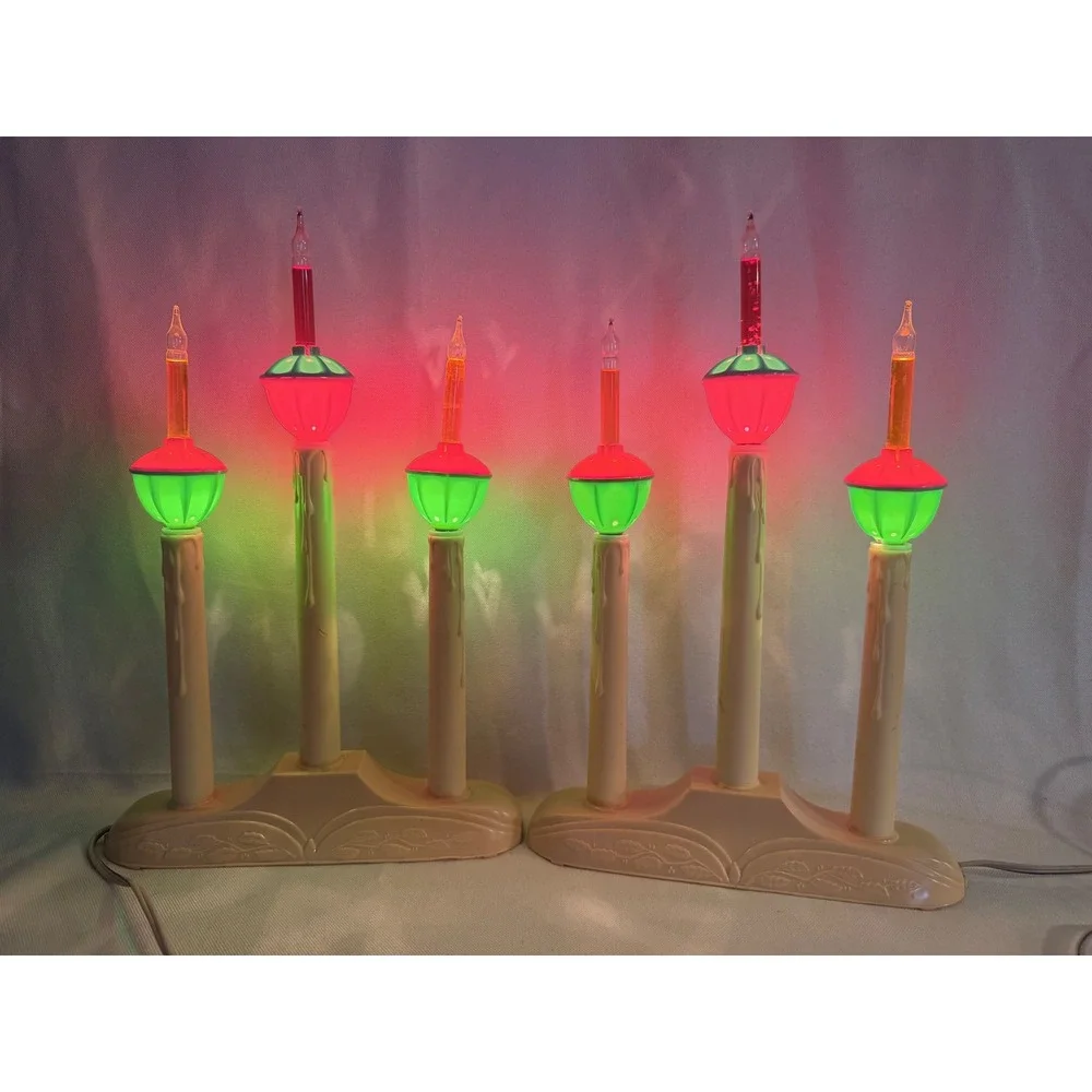 Vintage Christmas Bubble Light Candelabra Pair Red Green 3-Light